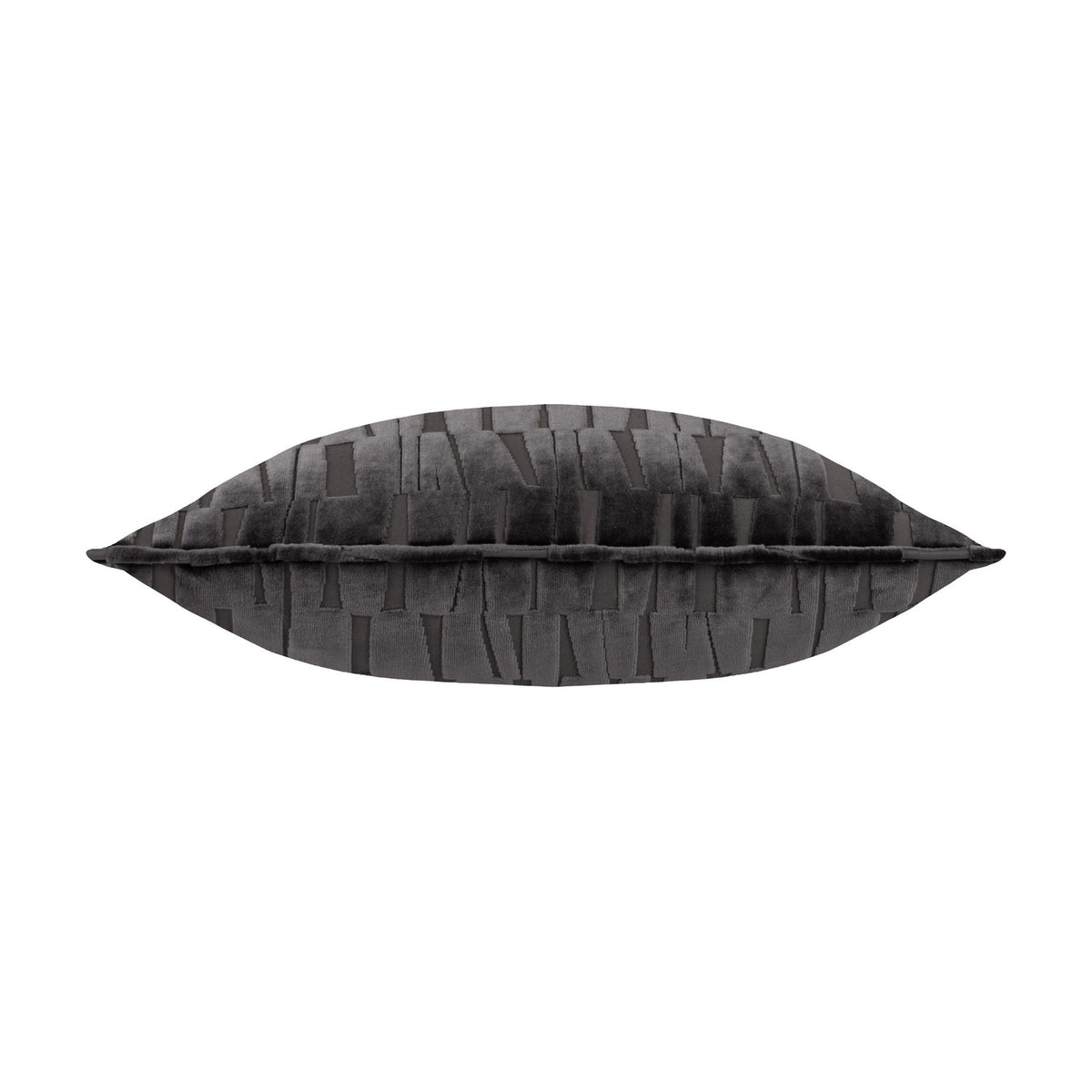 Manhattan Geometric Velvet Cushion in charcoal, shown lengthwise with a raised bar pattern in cut velvet pile, plain white background.