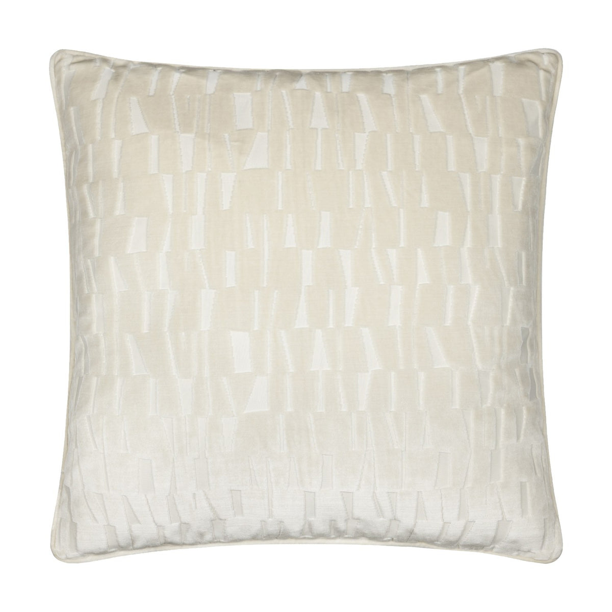 Manhattan Geometric Velvet Cushion in ivory, a square cut-velvet cushion with an irregular angled-block pattern and piped edges, shown against a plain white background.