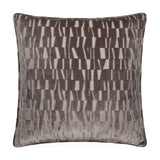 Manhattan Geometric Velvet Cushion in mink, 50x50cm square with cut-velvet staggered block pattern creating light and shade contrast, piped edges, shown on a plain white background.