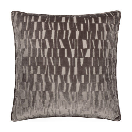 Manhattan Geometric Velvet Cushion in mink, 50x50cm square with cut-velvet staggered block pattern creating light and shade contrast, piped edges, shown on a plain white background.