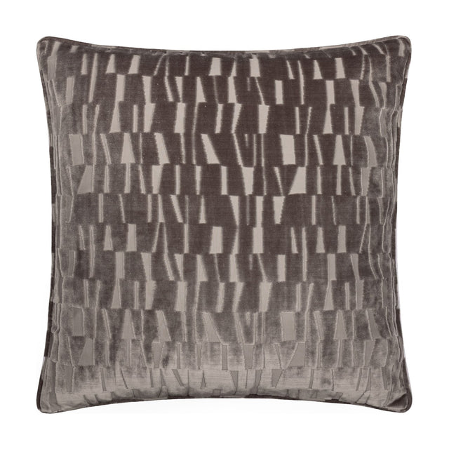 Manhattan Geometric Velvet Cushion in mink, 50x50cm square with cut-velvet staggered block pattern creating light and shade contrast, piped edges, shown on a plain white background.