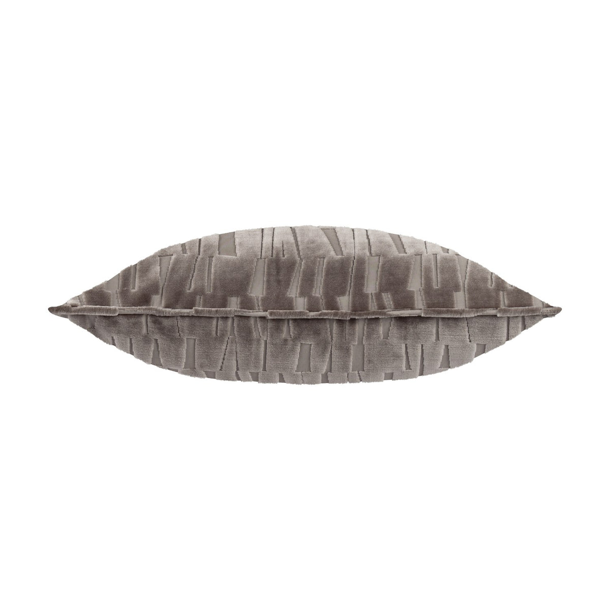 Manhattan Geometric Velvet Cushion in mink, shown lengthways with cut-velvet staggered block pattern and plush textured pile, on a plain white background.