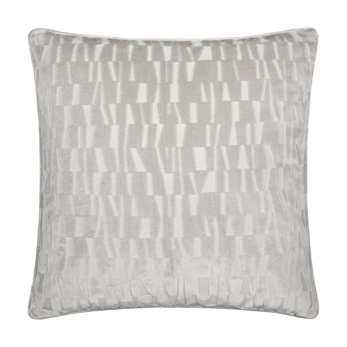 Manhattan Geometric Velvet Cushion in silver, square 50x50cm, with a cut-velvet geometric pattern of raised blocks and bars, shown against a plain white background.