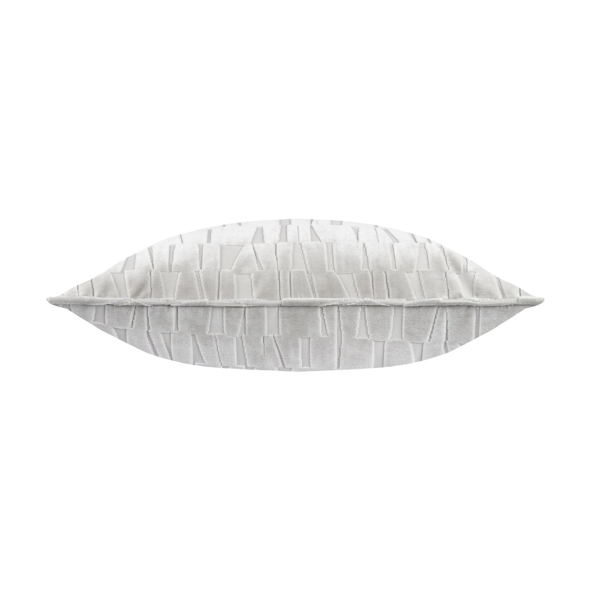 Side profile view of the Manhattan Geometric Velvet Cushion in silver, showing its piped edge and cut-velvet textured pattern, on a plain white background.