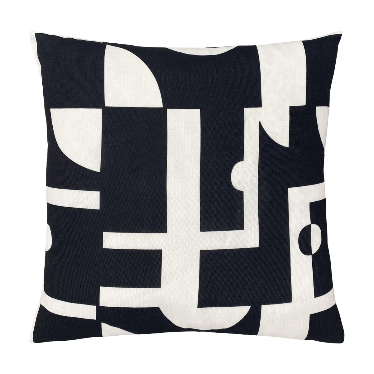 Manhattan Abstract Polyester Cushion in Mono, a 50x50cm square cushion with bold black and white geometric print of interlocking bars, curves and dots, shown on a plain white background.