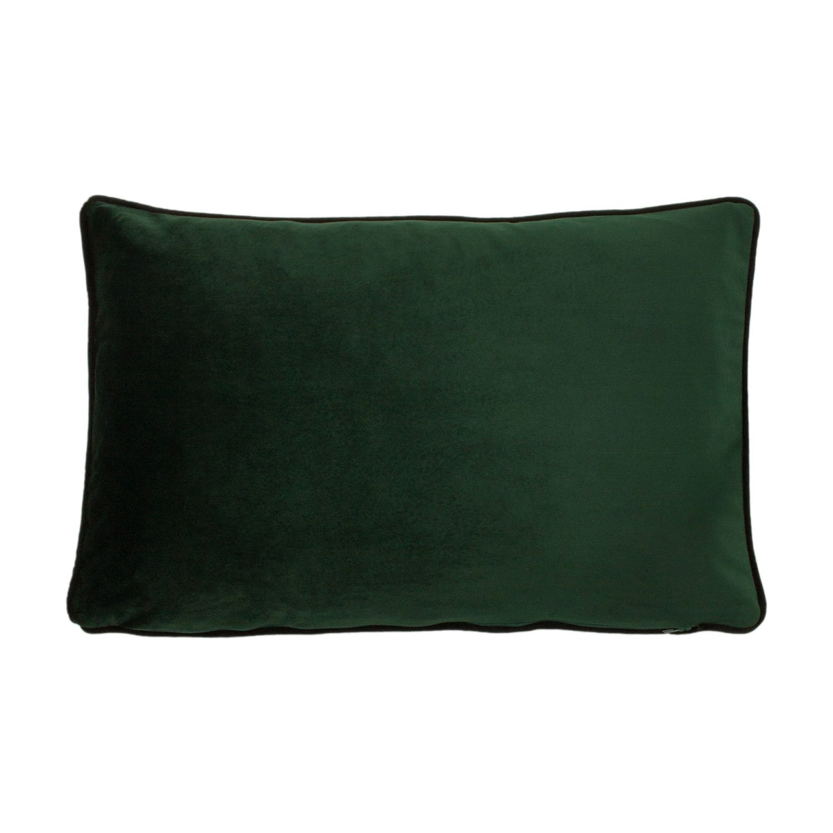 Rectangular velvet cushion in Manyara Animal design shown in plain dark green, with black piped edging, on a white background.