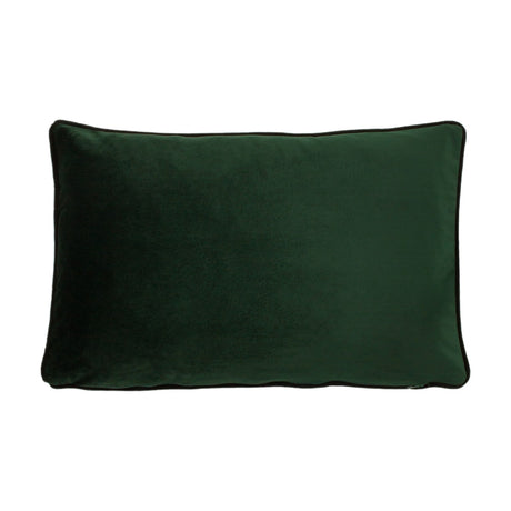 Rectangular velvet cushion in Manyara Animal design shown in plain dark green, with black piped edging, on a white background.
