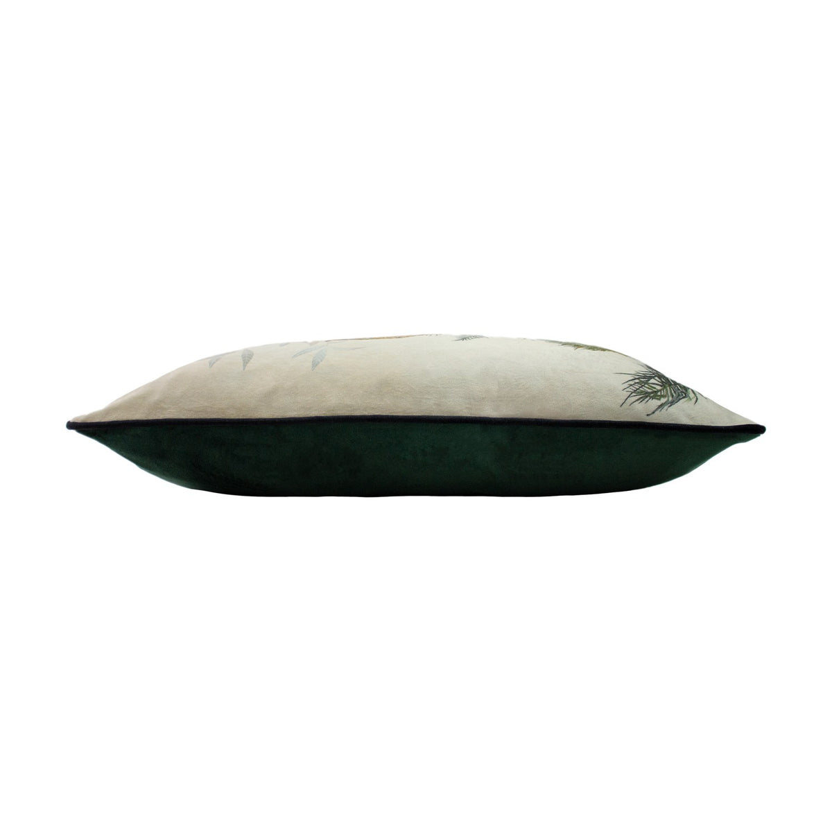 Side view of the Manyara Animal Velvet Cushion, a rectangular bolster with cream printed velvet top featuring foliage and animal motifs and a plain dark green velvet base.