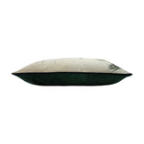 Side view of the Manyara Animal Velvet Cushion, a rectangular bolster with cream printed velvet top featuring foliage and animal motifs and a plain dark green velvet base.