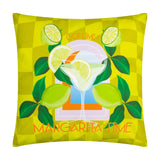 Square polyester cushion in lime green checked print featuring a margarita cocktail in an arched frame, limes, citrus leaves, and "Got Lime? Margarita Time" text, shown on a white background.