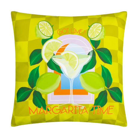 Square polyester cushion in lime green checked print featuring a margarita cocktail in an arched frame, limes, citrus leaves, and "Got Lime? Margarita Time" text, shown on a white background.