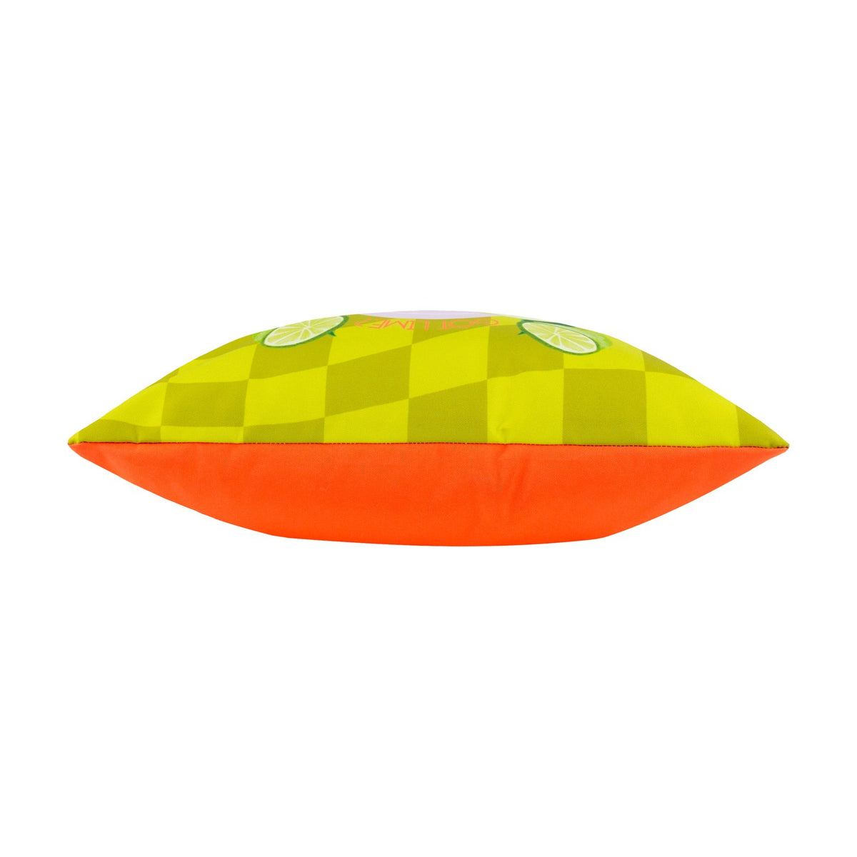 Side view of the Margarita Abstract Polyester Cushion in lime, showing a lime-green checkerboard edge with lime slice prints above a solid orange underside, on a plain white background.