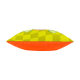 Side view of the Margarita Abstract Polyester Cushion in lime, showing a lime-green checkerboard edge with lime slice prints above a solid orange underside, on a plain white background.