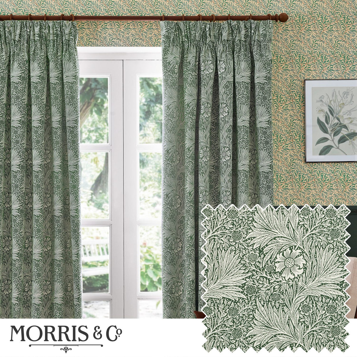 Marigold Jacquard pencil pleat curtains in leaf green, shown as a lined pair with 5-inch pencil pleat heading framing a French door in a living room, with matching fabric swatch.