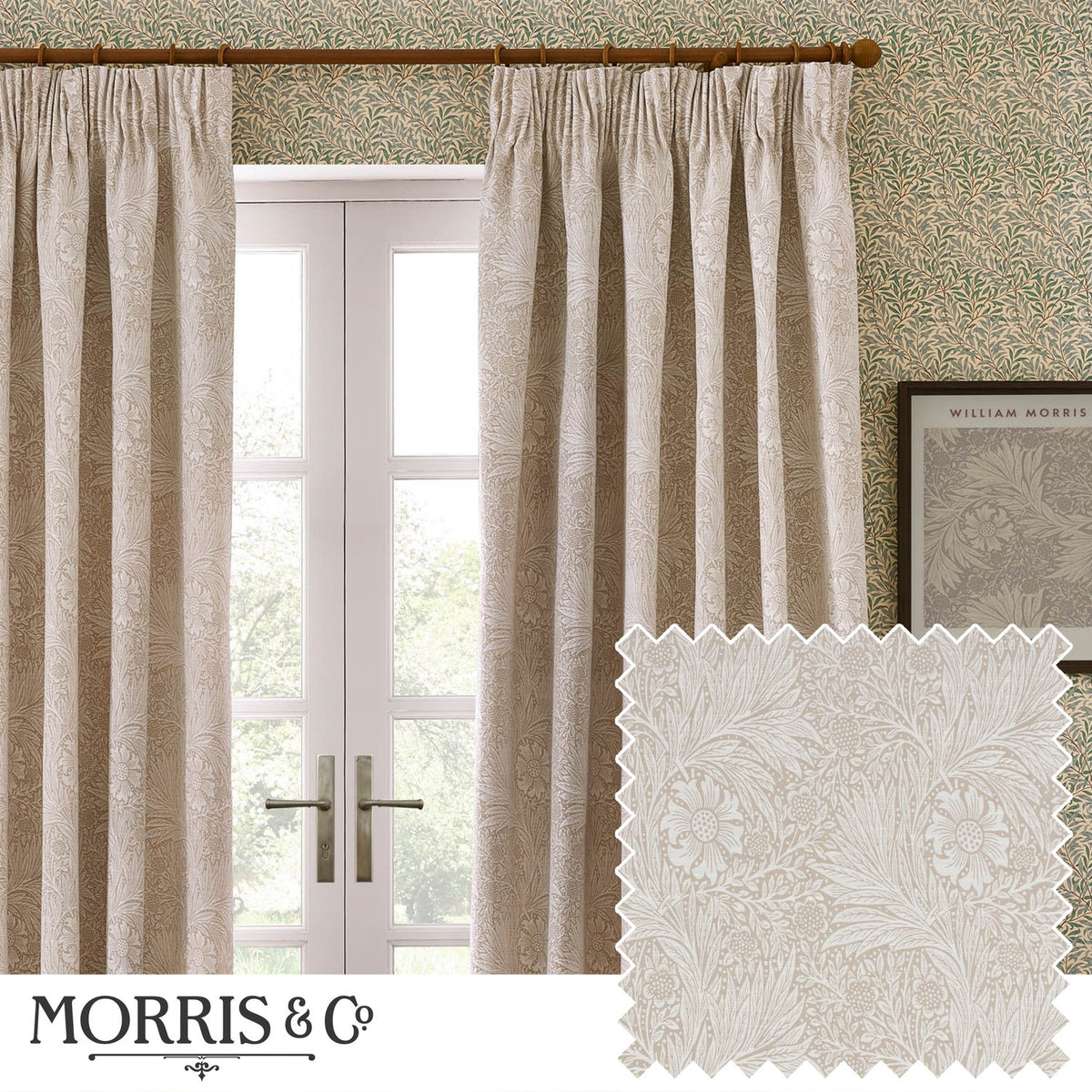 Marigold Jacquard Polyester pencil pleat curtains in stone, shown pleated on a wooden pole at a window, with a fabric swatch inset showing the raised floral jacquard weave.