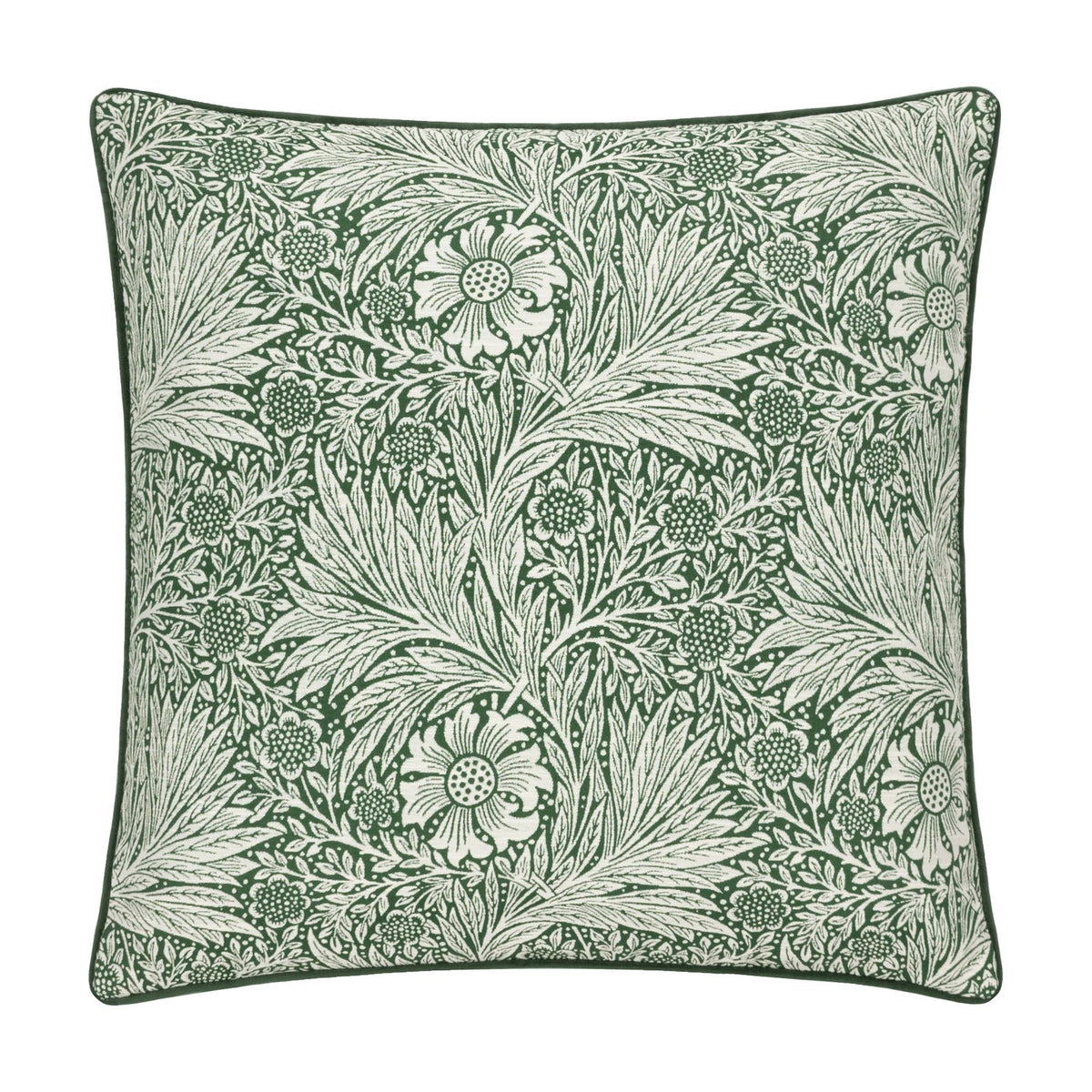 Square jacquard velvet cushion with the Marigold design, showing pale flowers and foliage woven into a deep leaf green ground, finished with matching piped edges on a plain white background.