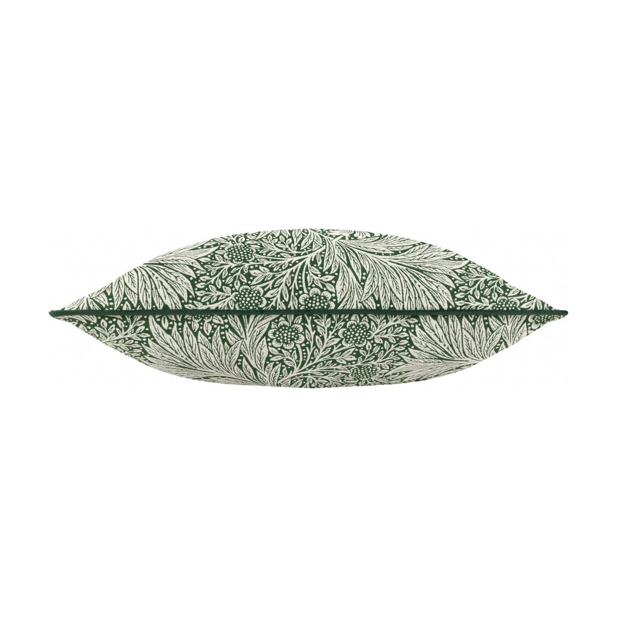 Leaf Green Marigold Jacquard Velvet Cushion, elongated bolster shape with a dense woven marigold and foliage pattern in pale tones on dark green, shown side-on against a white background.