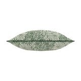 Leaf Green Marigold Jacquard Velvet Cushion, elongated bolster shape with a dense woven marigold and foliage pattern in pale tones on dark green, shown side-on against a white background.