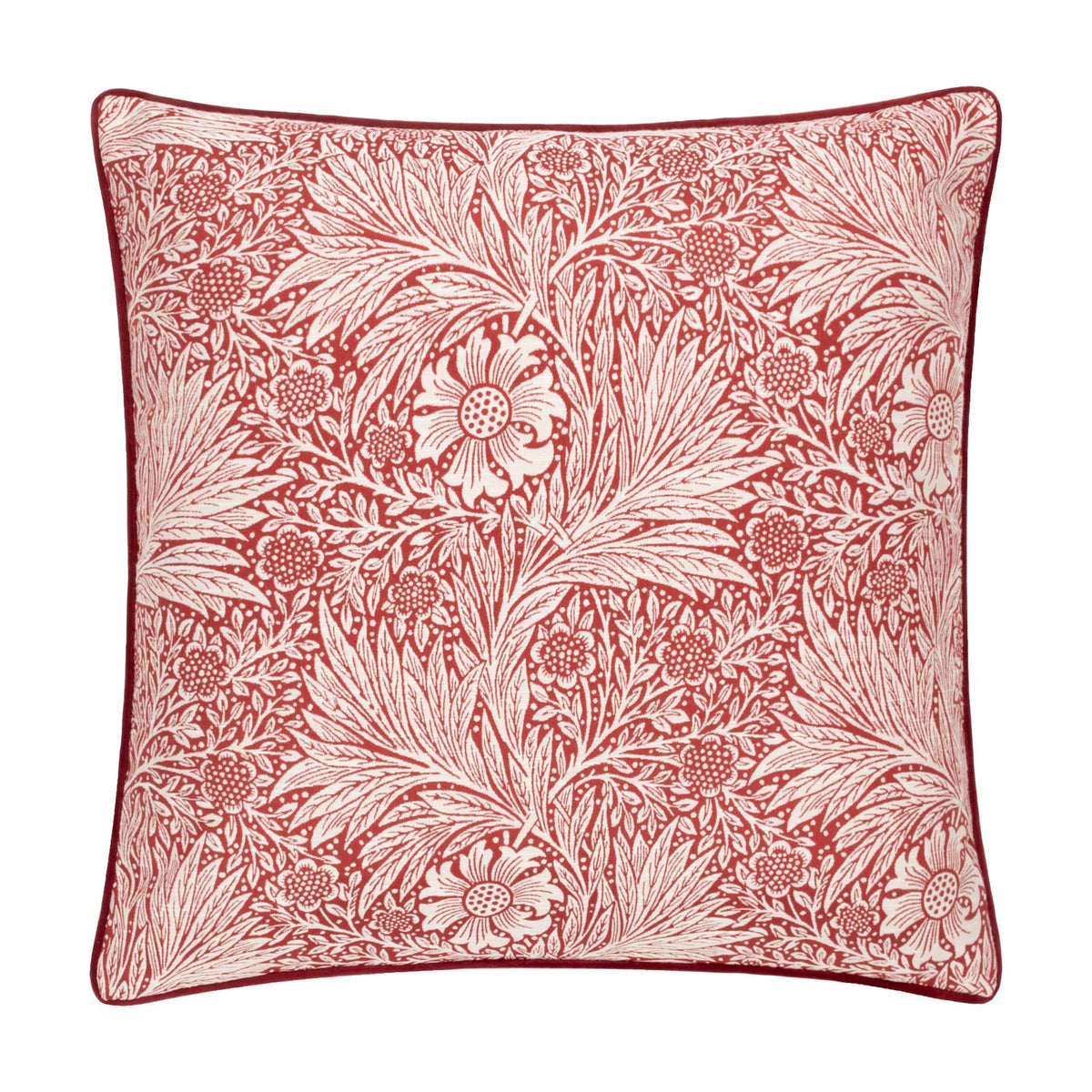 Square Marigold Jacquard Velvet Cushion in russet red with cream William Morris floral and foliage pattern, piped edging, shown on a white background.