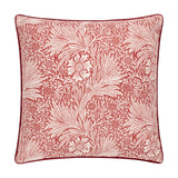 Square Marigold Jacquard Velvet Cushion in russet red with cream William Morris floral and foliage pattern, piped edging, shown on a white background.