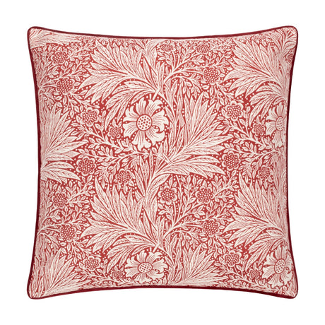 Square Marigold Jacquard Velvet Cushion in russet red with cream William Morris floral and foliage pattern, piped edging, shown on a white background.