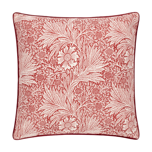 Square Marigold Jacquard Velvet Cushion in russet red with cream William Morris floral and foliage pattern, piped edging, shown on a white background.