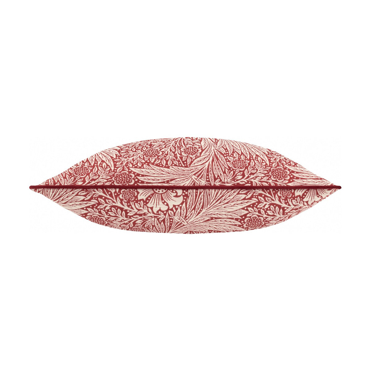 Marigold Jacquard Velvet Cushion in russet, edge-on view showing a cream William Morris floral pattern on deep red jacquard fabric with matching piped trim, plain white background.