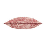 Marigold Jacquard Velvet Cushion in russet, edge-on view showing a cream William Morris floral pattern on deep red jacquard fabric with matching piped trim, plain white background.