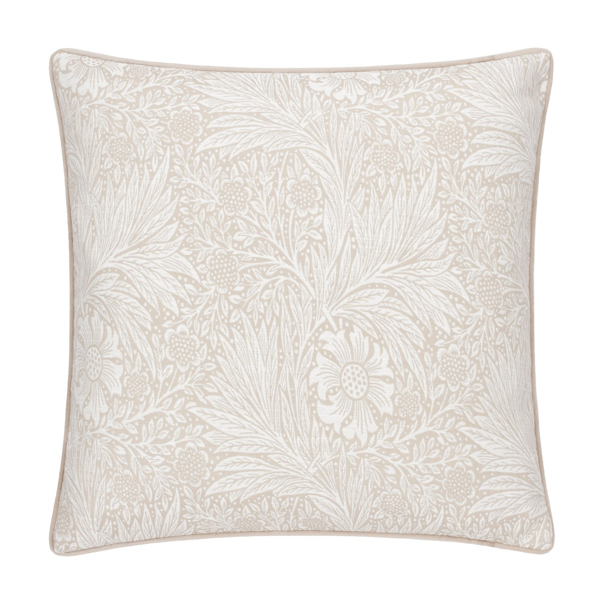 Square Marigold Jacquard Velvet Cushion in stone, featuring a woven William Morris floral and foliage pattern in white with matching piped edges, on a plain white background.