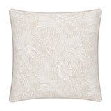 Square Marigold Jacquard Velvet Cushion in stone, featuring a woven William Morris floral and foliage pattern in white with matching piped edges, on a plain white background.
