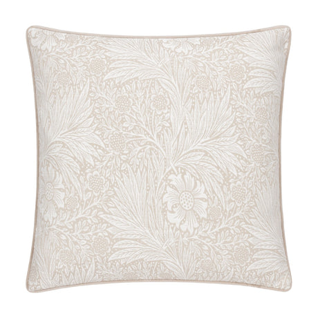 Square Marigold Jacquard Velvet Cushion in stone, featuring a woven William Morris floral and foliage pattern in white with matching piped edges, on a plain white background.