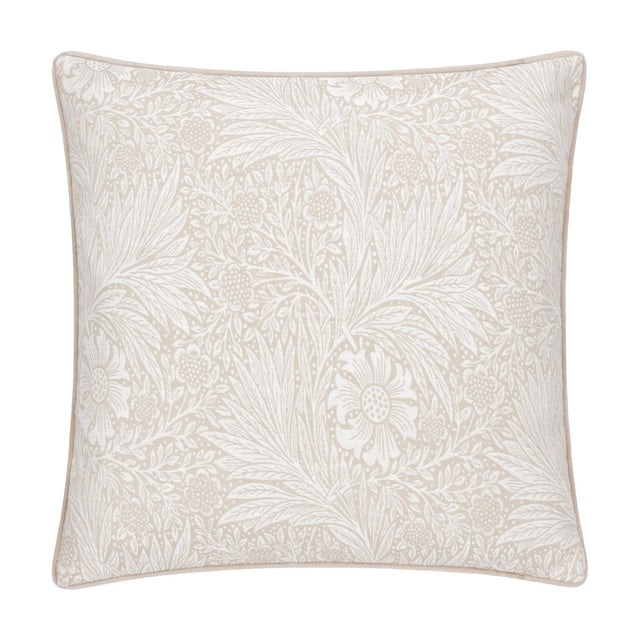 Square Marigold Jacquard Velvet Cushion in stone, featuring a woven William Morris floral and foliage pattern in white with matching piped edges, on a plain white background.