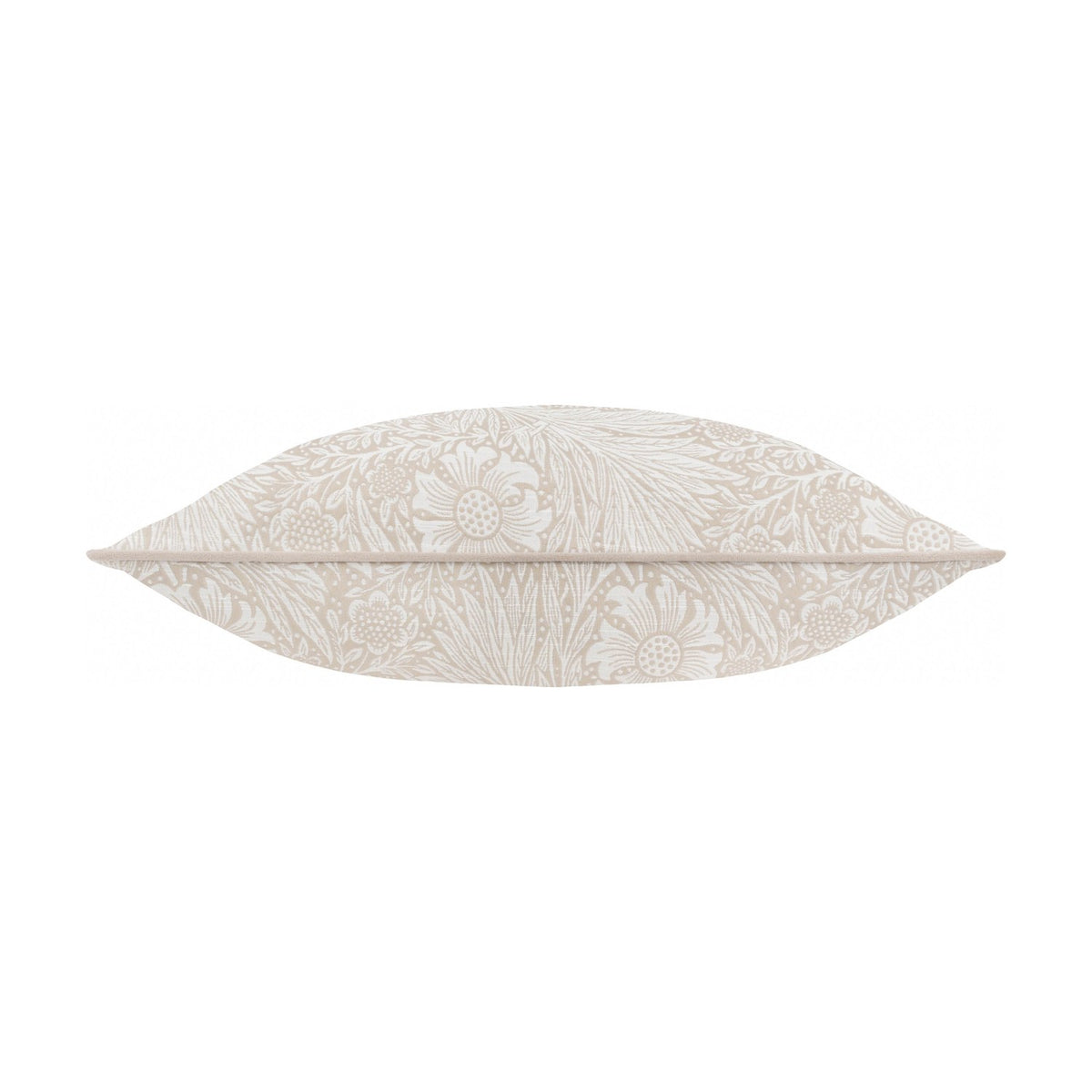Marigold Jacquard Velvet Cushion in stone, shown side-on, with a William Morris floral jacquard pattern in white on a stone ground and piped edge, set against a plain background.