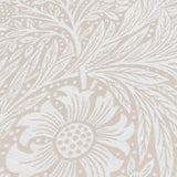 Close-up of the Marigold Jacquard Velvet Cushion in stone, showing a woven William Morris marigold and foliage design in white with a raised jacquard texture.