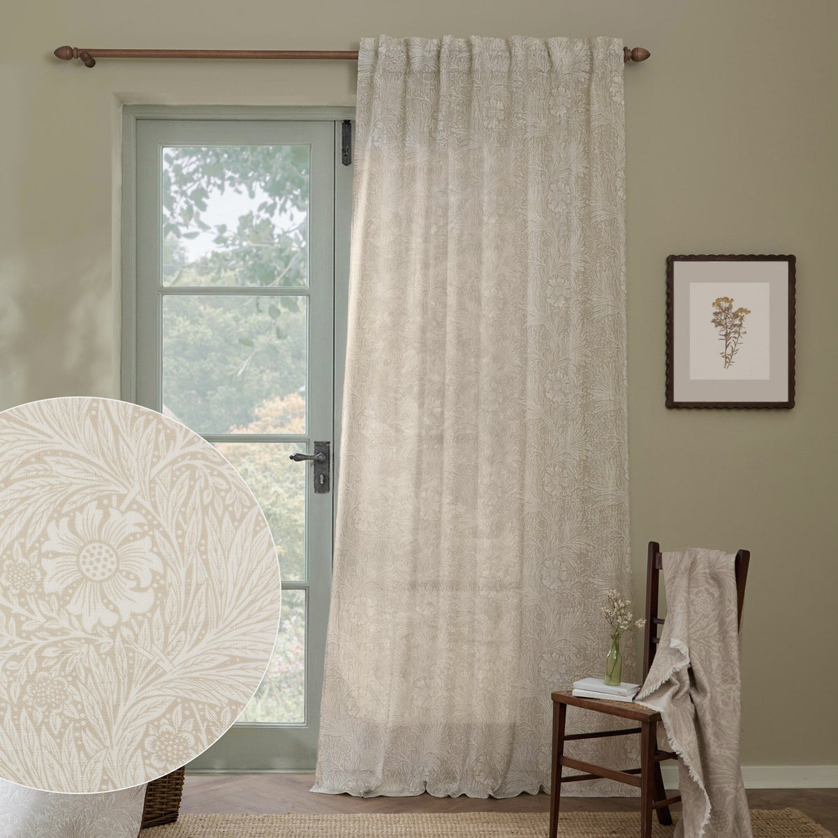 Marigold Damask Linen Curtain Panel in cream hanging beside a glazed door, with a fabric swatch inset showing the foliage and floral pattern in putty tones.