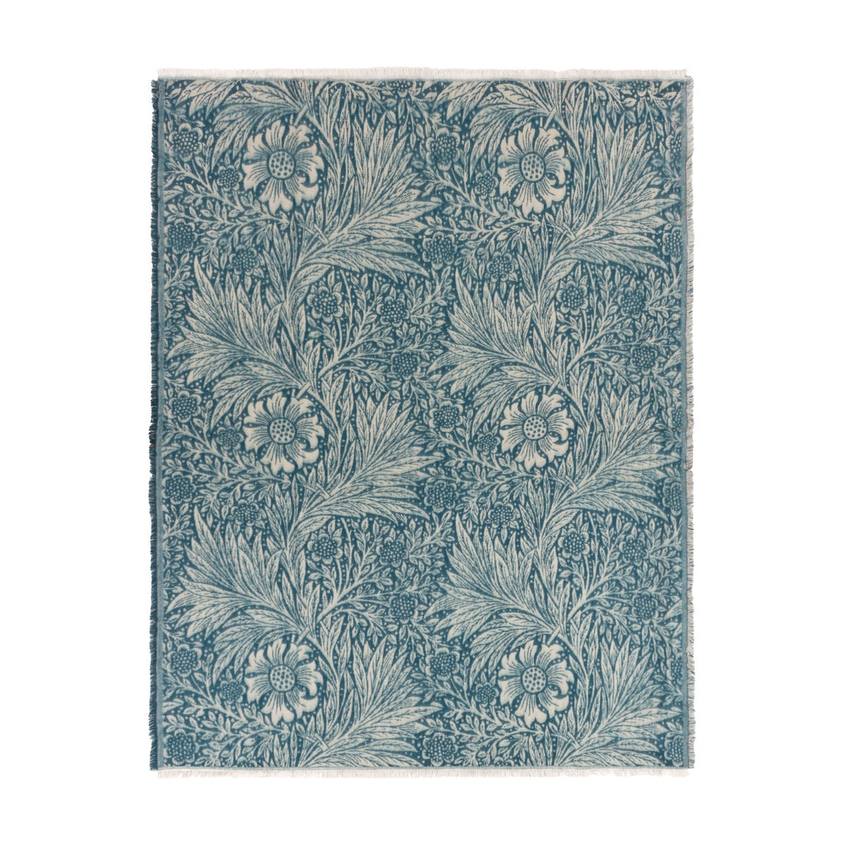 Marigold Jacquard Cotton Throw in indigo blue, showing a woven floral and leaf pattern with fringed edges, laid flat on a plain white background.