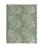 Marigold Jacquard Cotton Throw in leaf green, woven with William Morris's floral marigold pattern and fringed edges, shown flat on a plain white background.