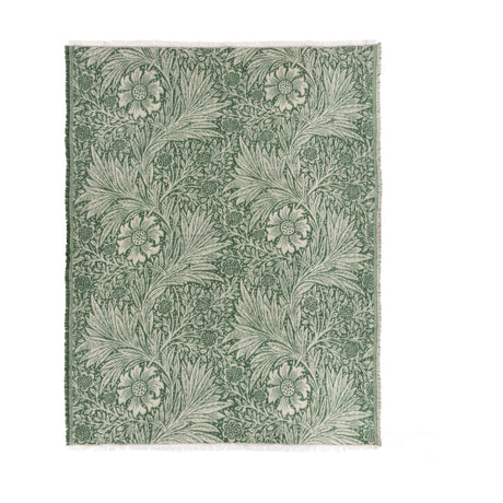 Marigold Jacquard Cotton Throw in leaf green, woven with William Morris's floral marigold pattern and fringed edges, shown flat on a plain white background.