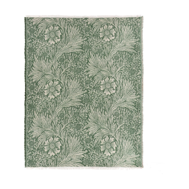 Marigold Jacquard Cotton Throw in leaf green, woven with William Morris's floral marigold pattern and fringed edges, shown flat on a plain white background.