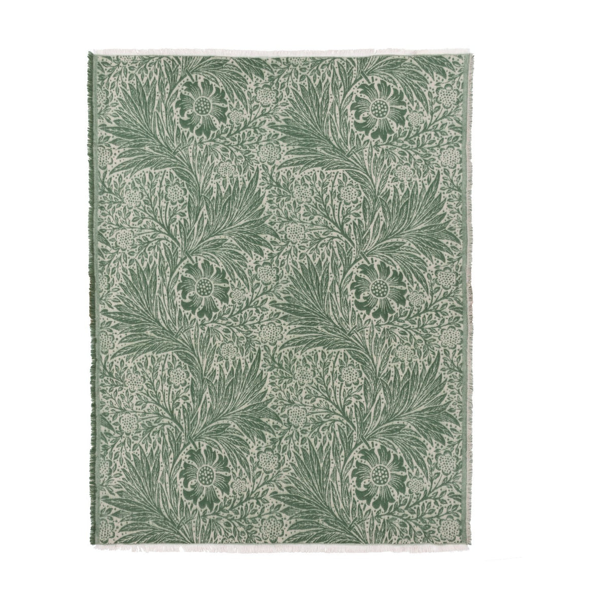 Marigold Jacquard Cotton Throw in Leaf Green, a woven William Morris floral pattern with fringed edges, shown flat on a plain white background.