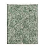 Marigold Jacquard Cotton Throw in Leaf Green, a woven William Morris floral pattern with fringed edges, shown flat on a plain white background.