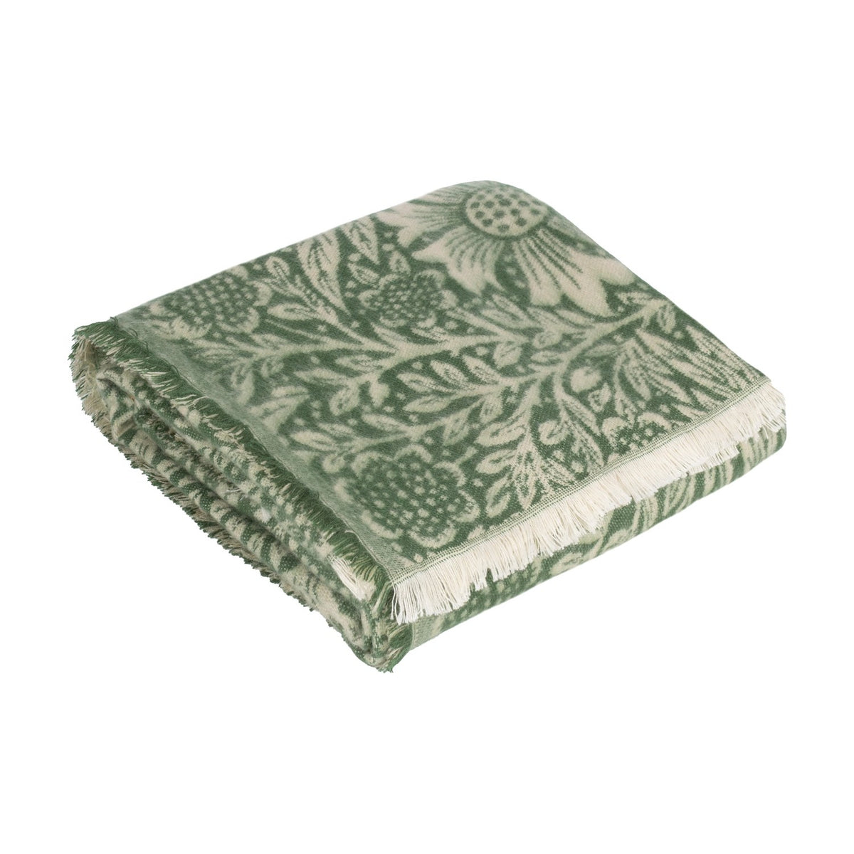 Marigold Jacquard Cotton Throw in Leaf Green, folded showing William Morris floral pattern in green and cream with fringed edge, on a plain white background.