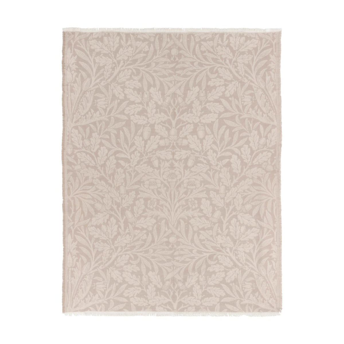 Marigold Jacquard Cotton Throw in stone, featuring a tonal woven leaf, acorn and bloom pattern with fringed edges, shown on a plain white background.