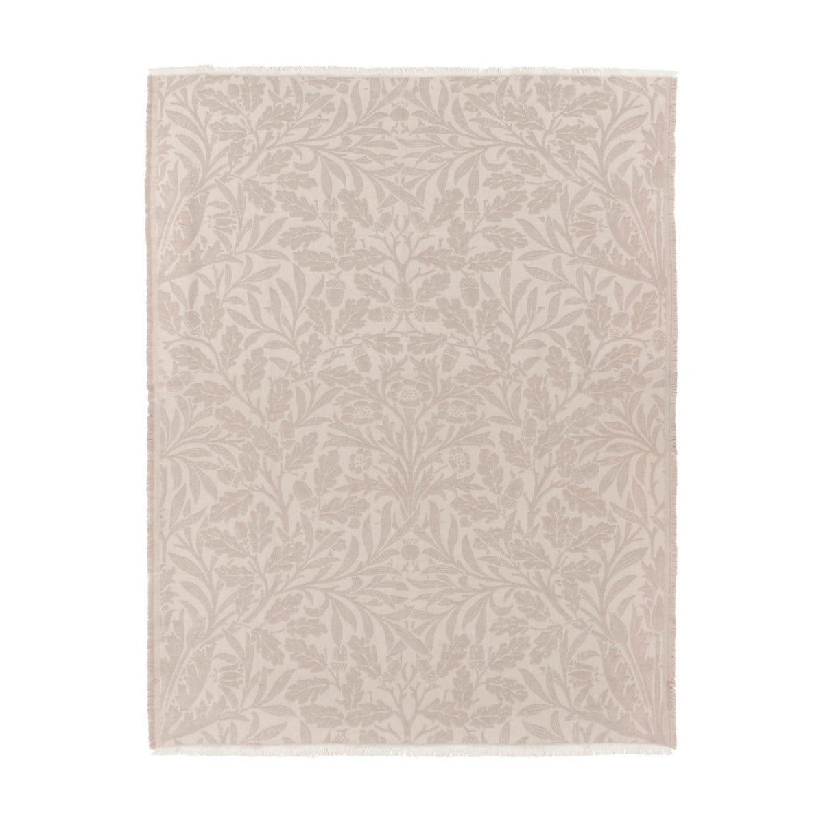 Marigold Jacquard Cotton Throw in stone, a rectangular jacquard-woven blanket with a tonal acorn and leaf pattern and fringed edges, shown on a plain white background.