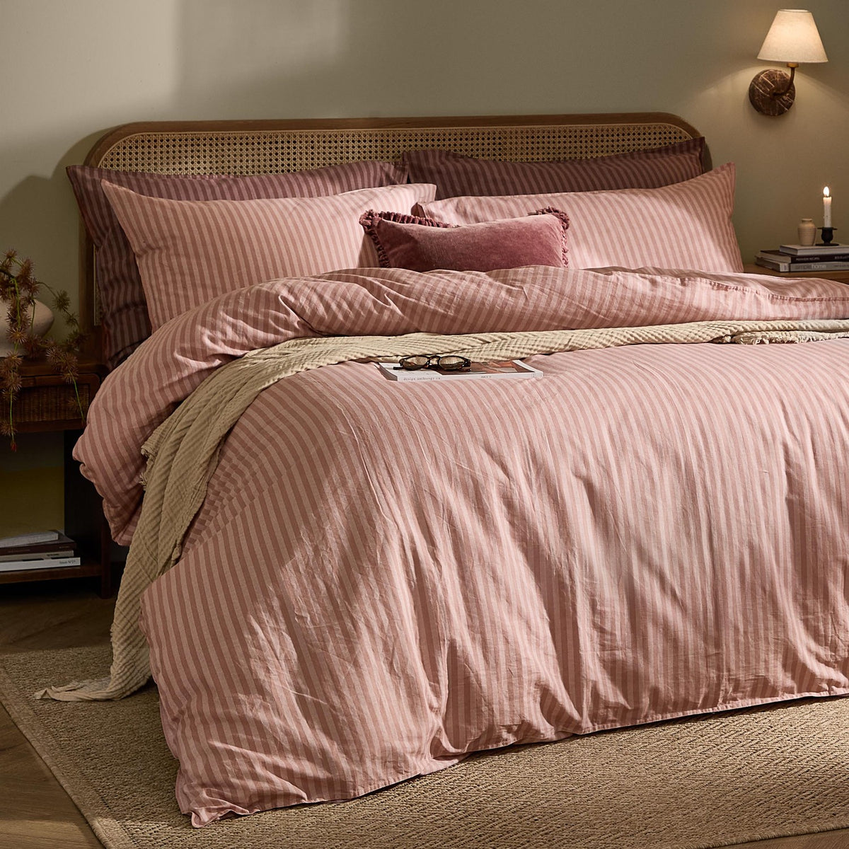 Marlow Stripe Cotton Printed Duvet Cover Set in Maple/Sandalwood, styled on a bed with matching pillowcases and a velvet cushion in a bedroom setting.