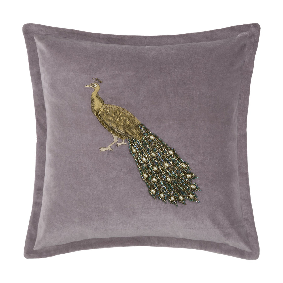 Mayura Animal Velvet Cushion in lavender, square with flanged edge, featuring an embroidered gold-thread peacock with a beaded green, bronze and pearl-white tail, shown on a plain white background.