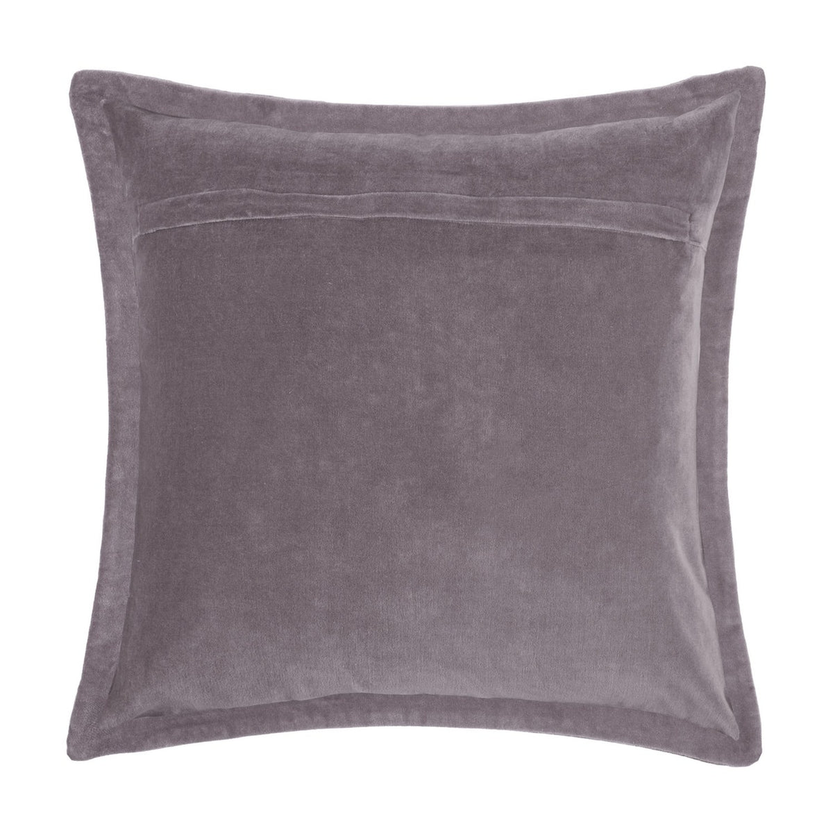 Mayura Animal Velvet Cushion in Lavender, square velvet cushion shown reverse side with plain mauve fabric and concealed zip closure, on a white background.