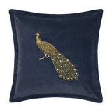 Mayura Animal Velvet Cushion in Midnight blue, featuring an embroidered gold peacock with a beaded tail in green and bronze tones, shown on a plain white background.