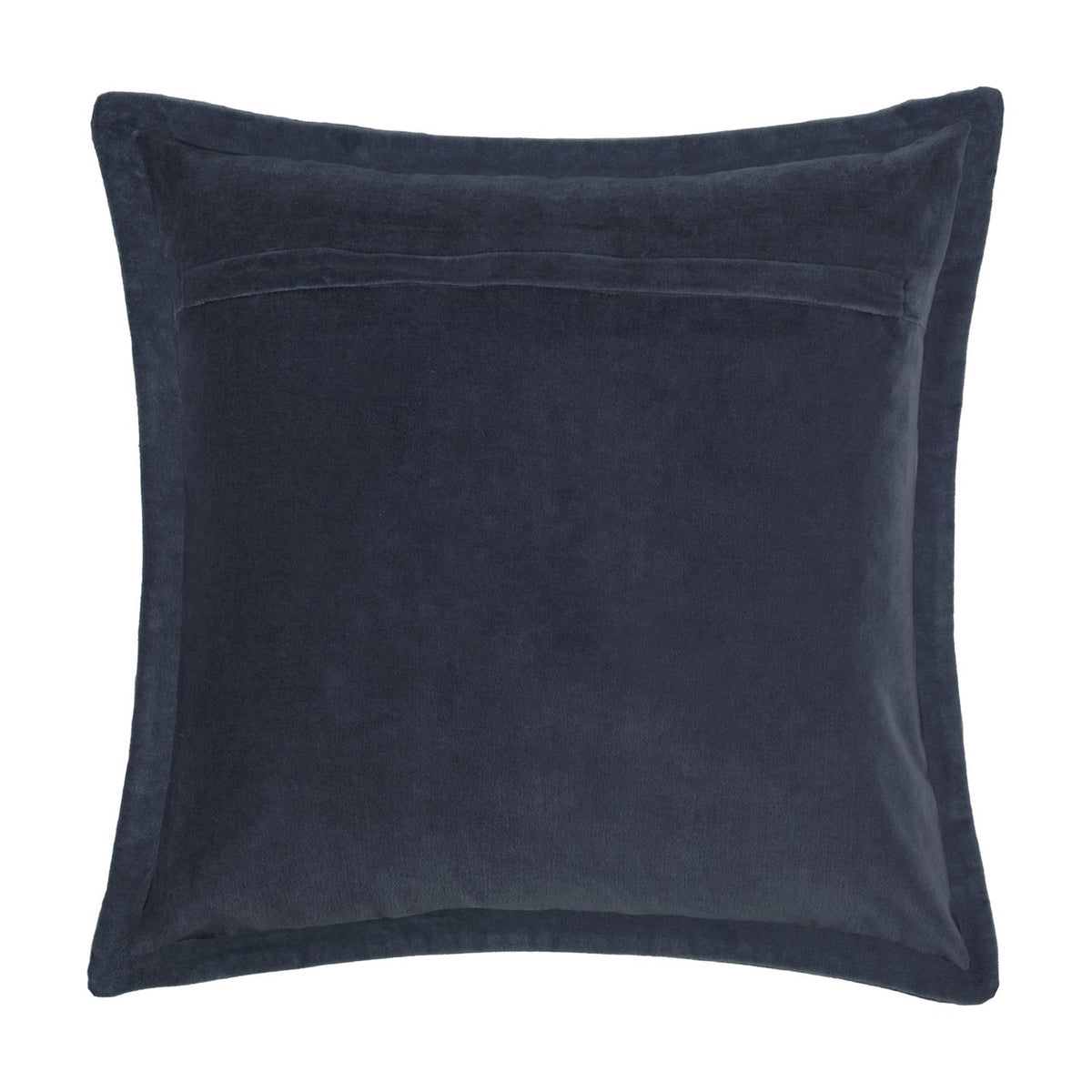 Reverse view of the Mayura Animal Velvet Cushion in midnight blue, showing a plain velvet back panel with a concealed zip closure, on a white background.