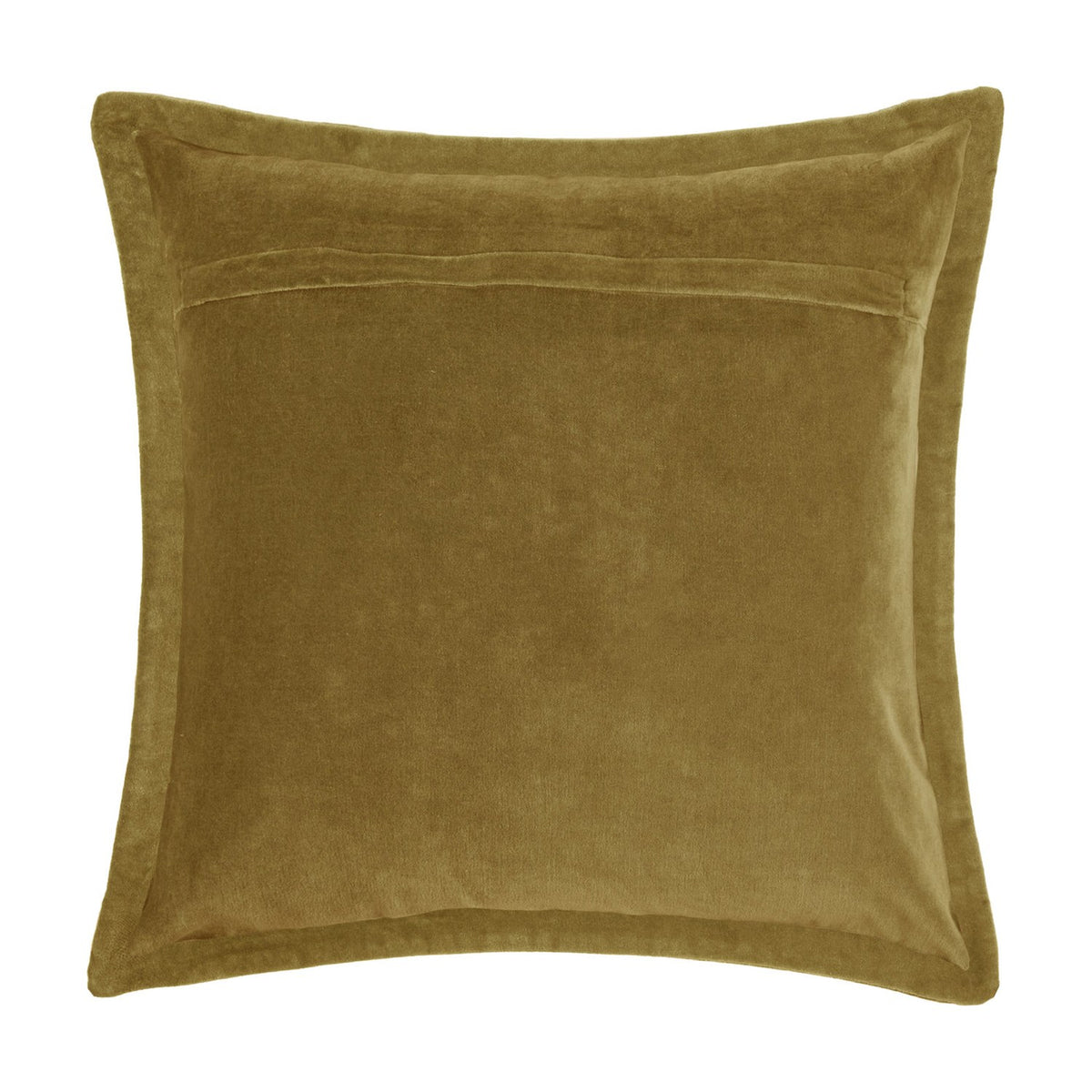 Reverse view of the Mayura square velvet cushion in mustard-gold, showing the plain textured back panel with a concealed zip closure, on a white background.